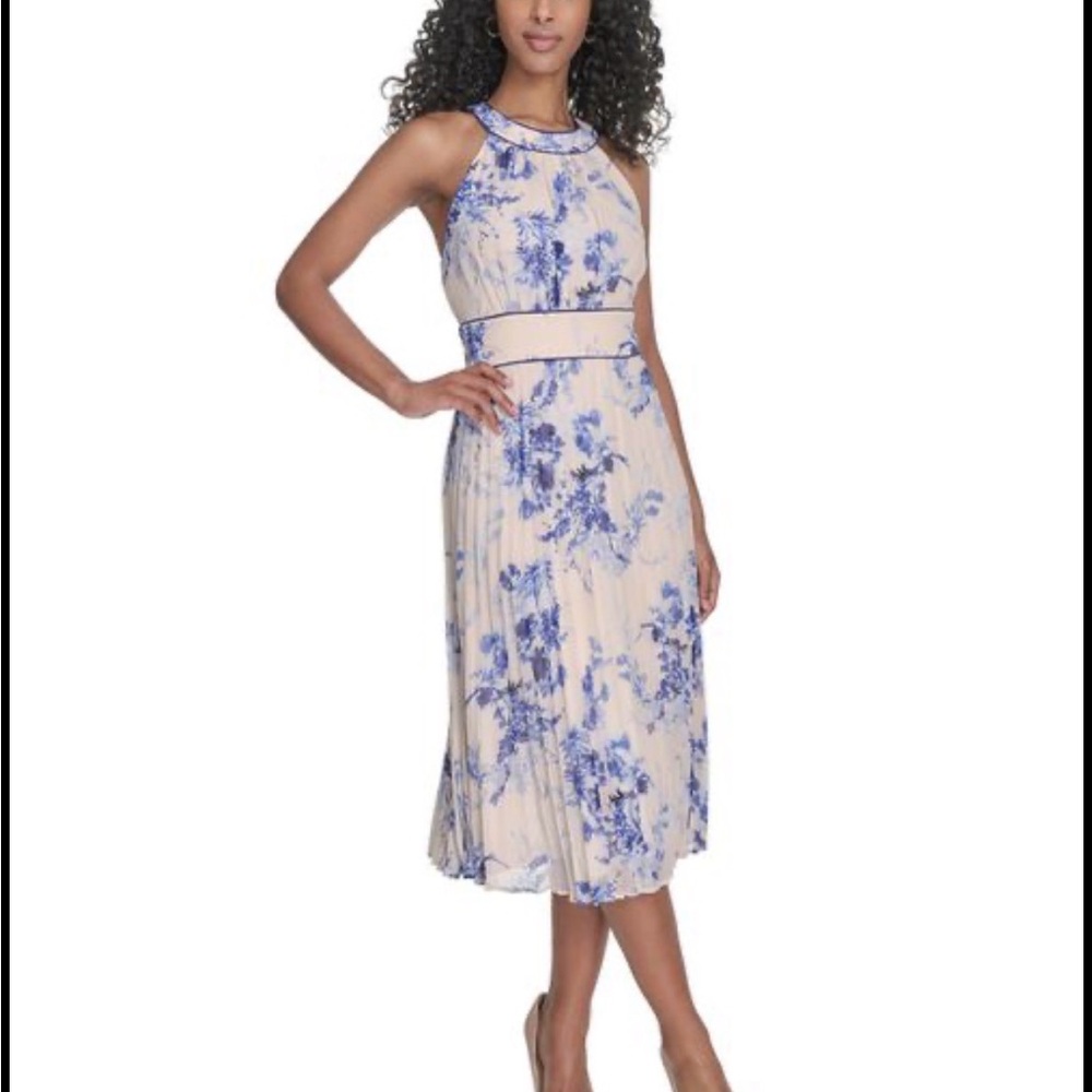 Calvin Klein Cream Blue Midi Dress size 6 simple BoHo pleated cottagecore - Picture 6 of 13